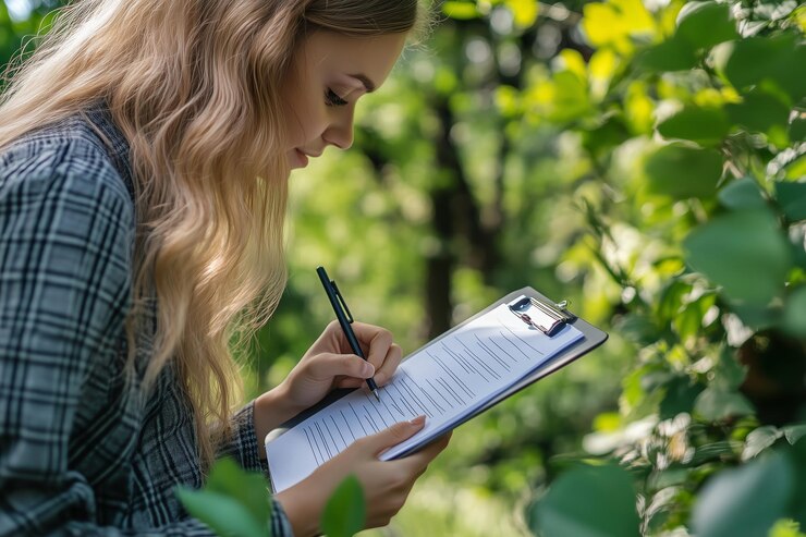 Foto junge frau schreibt beobachtungen auf eine schreibtafel, während sie von üppigem grünem laub in der natur umgeben ist
