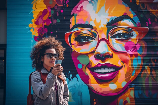 Junge Frau schreibt vor lebendiger Straßenkunst Textnachrichten