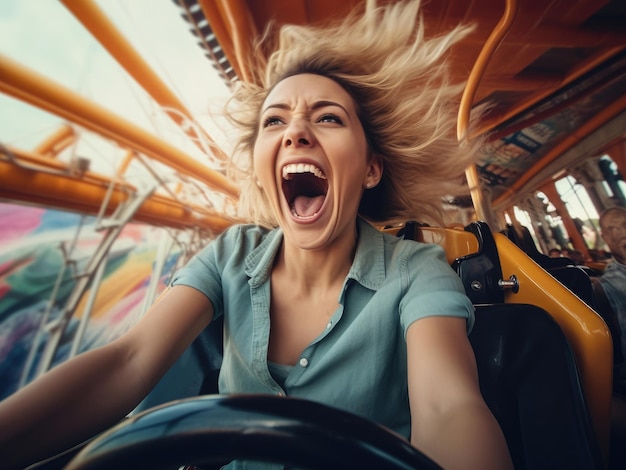 Junge Frau schreit freudig auf einer Achterbahn