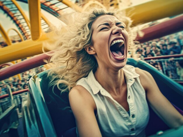 Junge Frau schreit freudig auf einer Achterbahn