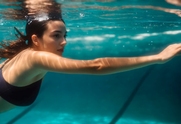 Foto junge frau schwimmt unter wasser im pool unterwasserporträt eines schönen mädchens