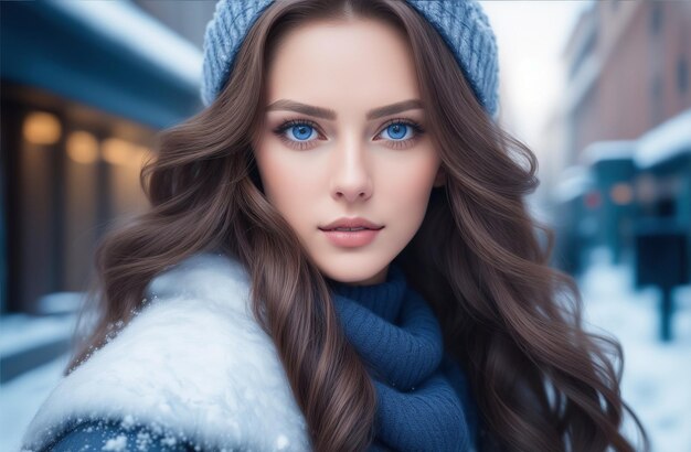 junge Frau sehr schöne Winter Schneefall Modell Wollhut Schönheitsporträt posiert