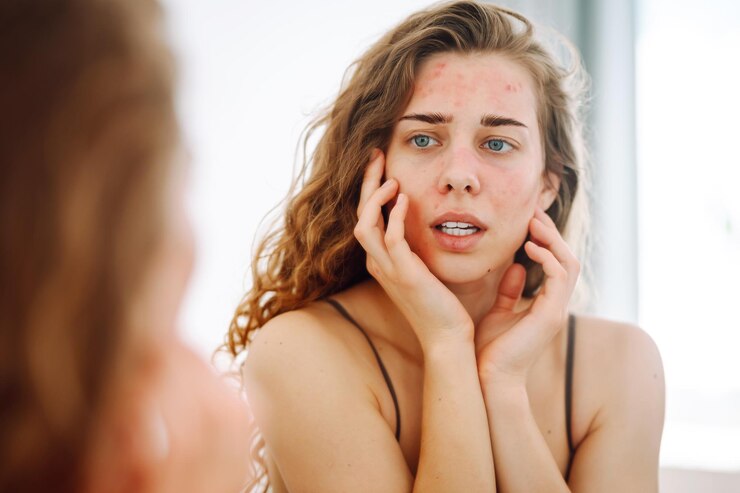 Foto junge frau sieht sich im spiegel an und untersucht entzündungen an ihrem gesicht akne haut medizin und kosmetik