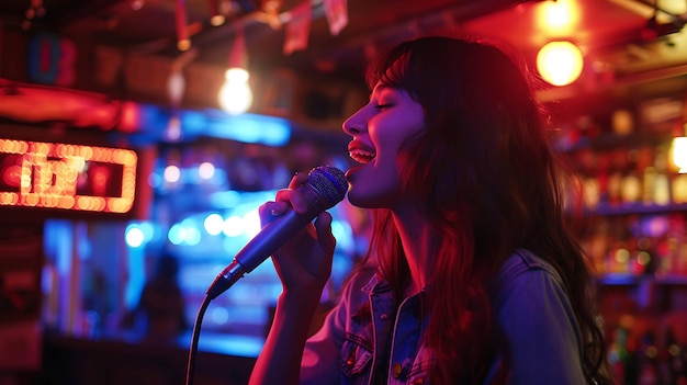 Junge Frau singt Karaoke in einer Bar