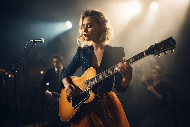 junge Frau singt und spielt Akustikgitarre Bokeh-Stil Hintergrund