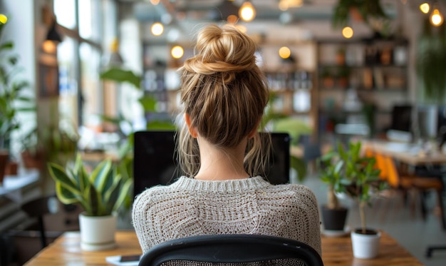 Junge Frau sitzt am Tisch mit Laptop im Büro und arbeitet