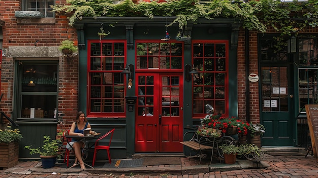 Junge Frau sitzt an einem Tisch vor einem Café und liest ein Buch Das Café hat eine rote Tür und grüne Fensterrahmen