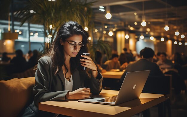 Junge Frau sitzt auf einem Desktop-Laptop