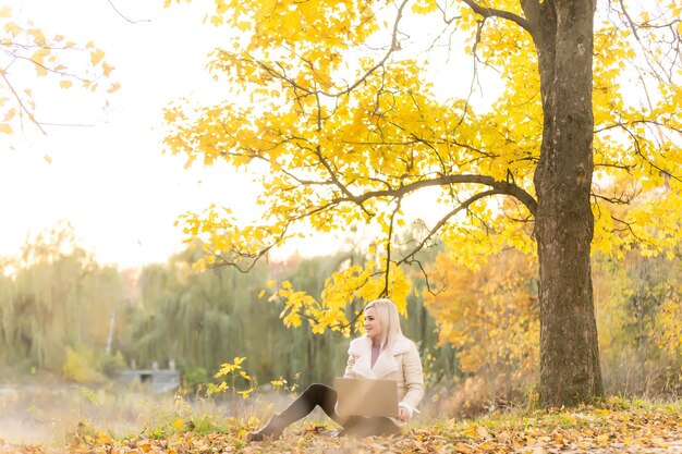 Junge Frau sitzt im Park mit Laptop