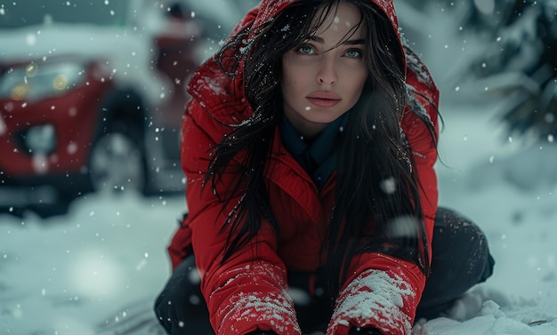 Foto junge frau sitzt im winter im schnee