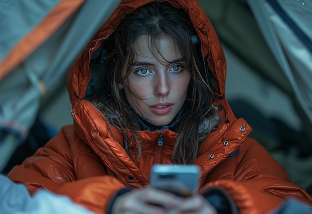 Foto junge frau sitzt im zelt und benutzt ihr telefon