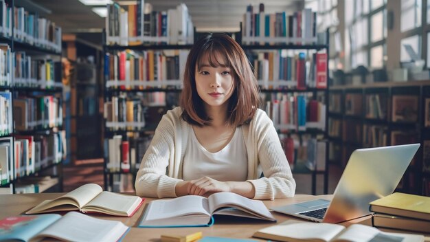 Junge Frau sitzt in der Bibliothek und benutzt Bücher und einen Computer