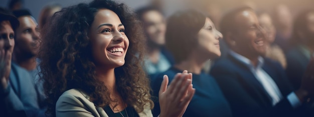 Junge Frau sitzt in einem überfüllten Publikum auf einer Konferenz und applaudiert nach der Rede