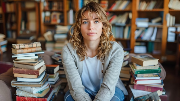 Junge Frau sitzt in einer Bibliothek zwischen Bücherhaufen