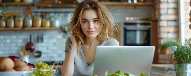 Junge Frau sitzt mit einem Laptop an einem Tisch in der Küche, umgeben von Grün und Gemüse