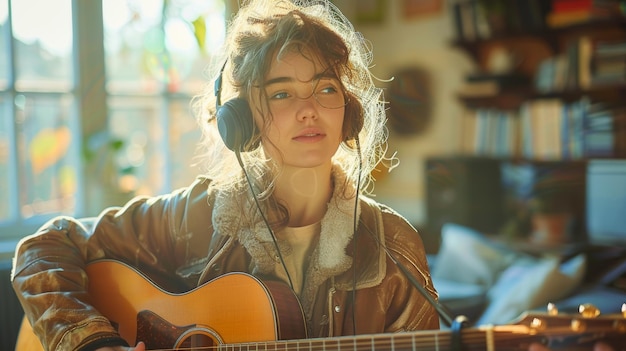 Foto junge frau spielt gitarre und hört musik im zimmer