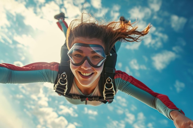 Junge Frau springt mit einem Fallschirm in der Luft Extremsportx9