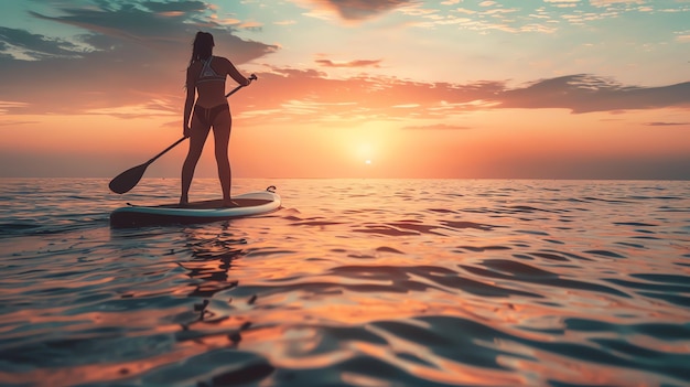 Junge Frau stand-up paddle boarding bei Sonnenuntergang