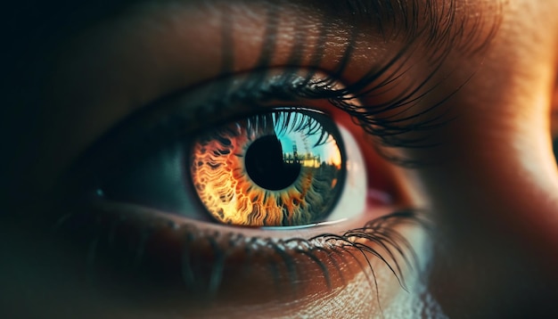 Junge Frau starrt mit blauen Augen in Nahaufnahme eines von KI erzeugten Schönheitsporträts