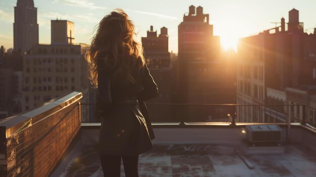 Foto junge frau steht auf einem dach in der stadt und schaut auf die aussicht sie trägt ein stilvolles outfit und hat ihre haare im wind wehen