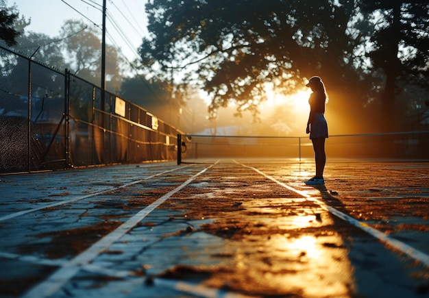Junge Frau steht bei Sonnenaufgang auf dem Tennisplatz