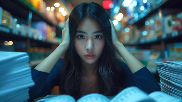 Junge Frau studiert nachts hart in einer Bibliothek