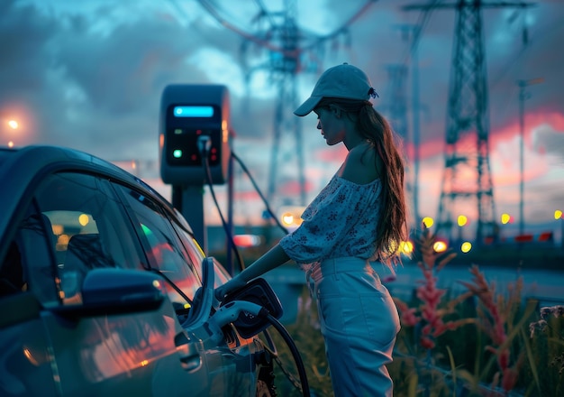 Junge Frau tanken bei Sonnenuntergang an der Tankstelle