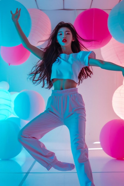 Junge Frau tanzt energisch unter farbenfrohen kugelförmigen Lichtern in einer modernen Neonumgebung
