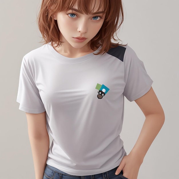 Junge Frau trägt ein weißes T-Shirt-Modell von Bella Canvas auf grünem Hintergrund. Design-T-Shirt-Vorlage