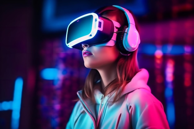 Junge Frau trägt eine VR-Brille mit Neonlichteffekt oder mit Neonhintergrund