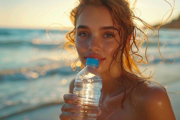 Junge Frau trinkt Wasser aus einer Flasche an einem Sommertag am Strand