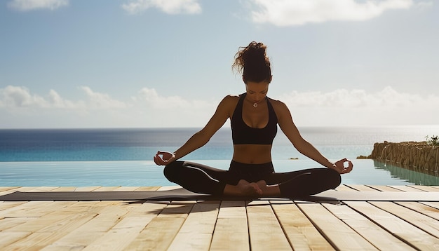 Junge Frau übt Yoga an einem Schwimmbad mit dem Ozean im Hintergrund