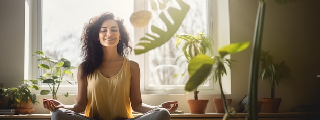 Junge Frau übt zu Hause Lotus-Asanas, während sie meditiert und lächelt