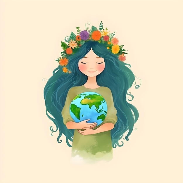 Junge Frau umarmt den grünen Planeten Erde mit Sorgfalt und Liebe zum Tag der Erde und zur Rettung des Planeten