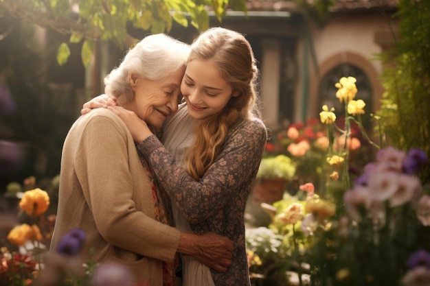 junge Frau umarmt ihre Großmutter im Garten