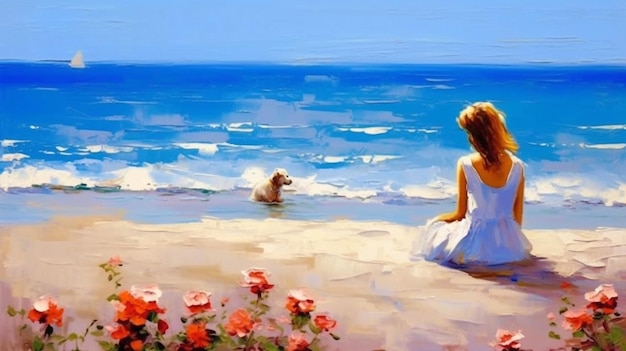 Junge Frau und kleiner Hund sitzen auf Strandsand und beobachten Meereswellen, Naturlandschaft, wilde Blumen