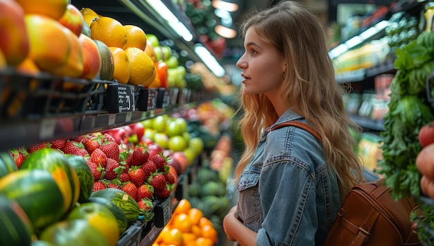 Junge Frau wählt frisches Obst im Supermarkt