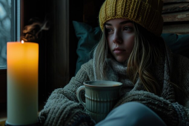 Foto junge frau wärmt sich bei kerzenlicht während einer energiekrise im winter