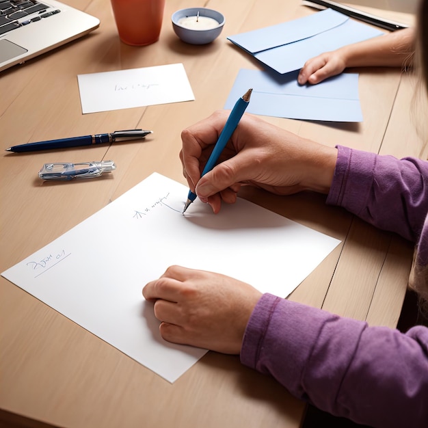 Junge Frau zeichnet zu Hause auf Papier. Nahaufnahme einer Frau, die auf Papier schreibt