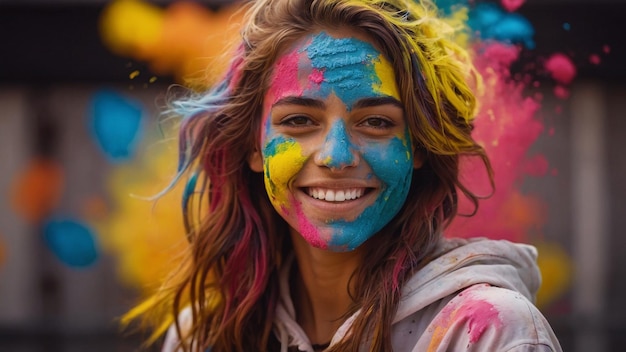 Foto junge frauen, die mit holi-farben bedeckt sind und beim holi-festival tanzen