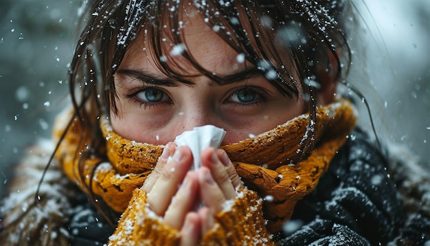 Foto junge frauen, die sich im winter die nase abwischen, die eine kalte nase haben, und kranke frauen, die niesen.