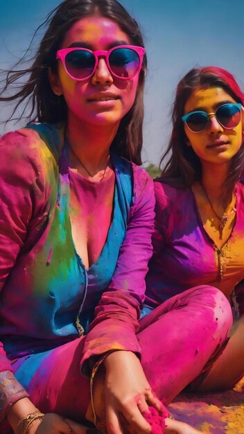 Junge Frauen in Holi-Farben mit Sonnenbrille sitzen hintereinander