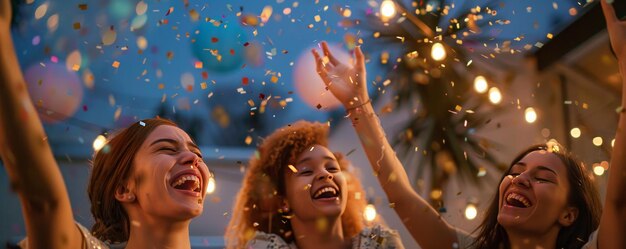 Junge Frauen lassen Konfetti auf der Terrasse los, um Freude zu feiern