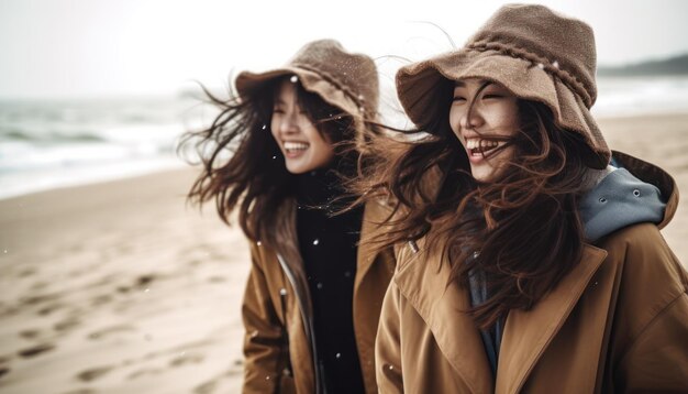 Junge Frauen spüren den kalten Wind am Strand