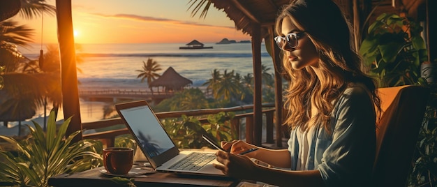 Junge freiberufliche Frau arbeitet am Laptop am Wasser am Strand