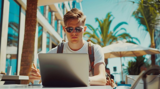 Junge freiberuflicher Reisender, der überall mit einem Laptop online arbeitet