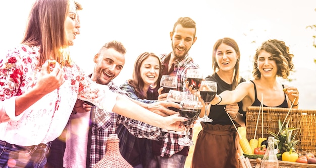 Junge Freunde haben Spaß beim Toasten von Rotwein beim Weinberg-Picknick-Erlebnis