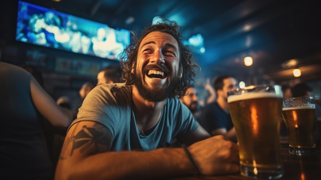 Junge Freunde in blauen Hemden mit Biergläsern und Bärten sitzen an der Bar und schauen fröhlich Fußball