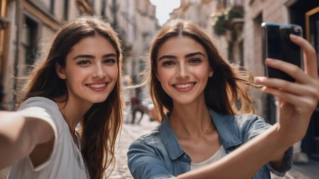 Junge Freunde machen auf der Straße ein Selfie