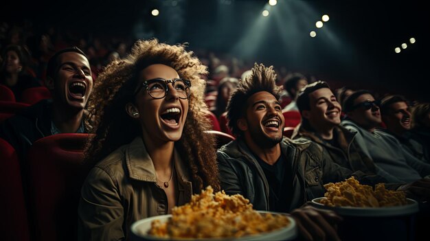 Junge Freunde sehen sich aufgeregt einen Film im Kino an